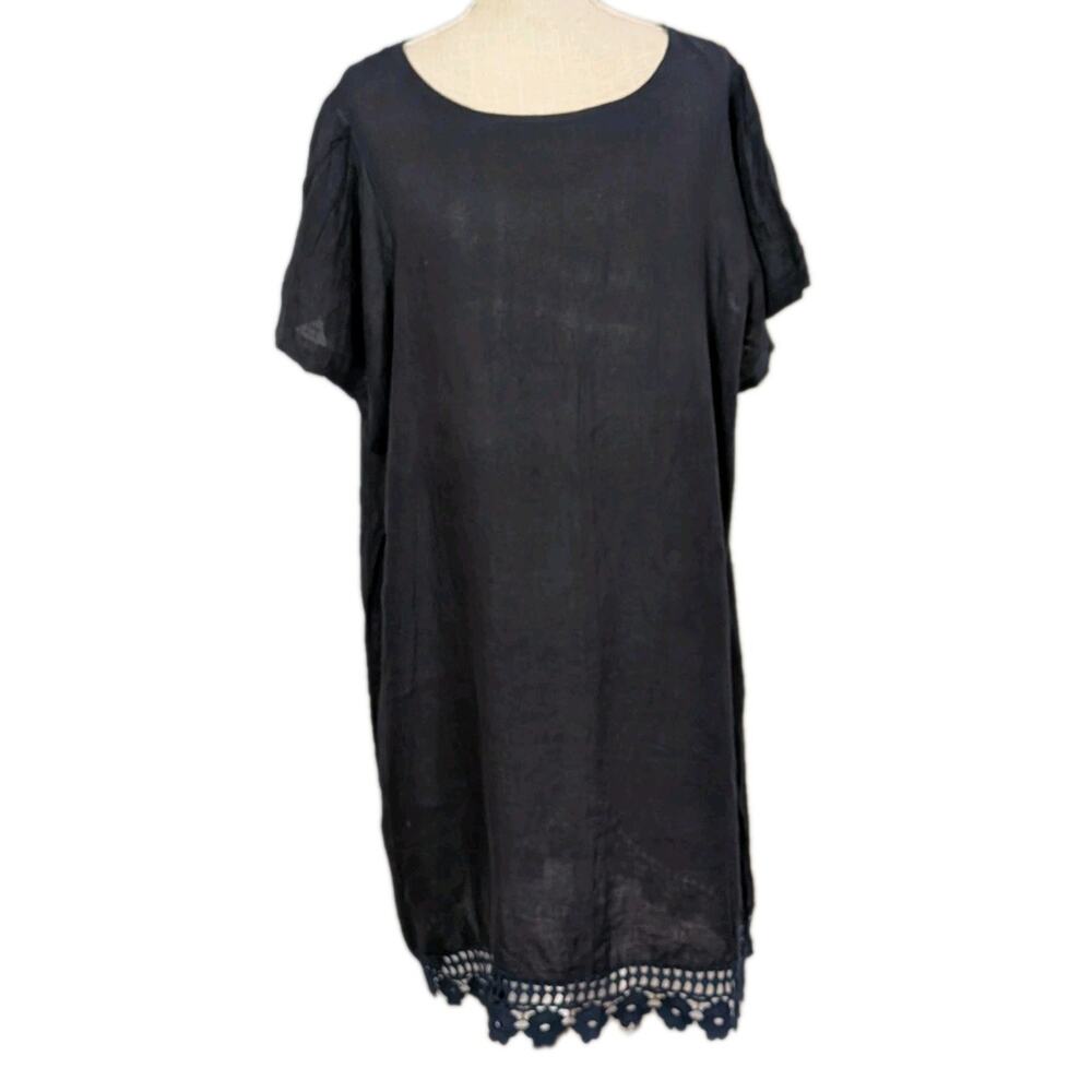 Bellambra Navy Linen Dress Size 1X Made In Italy Crochet Trim Short Sleeve - Picture 2 of 10